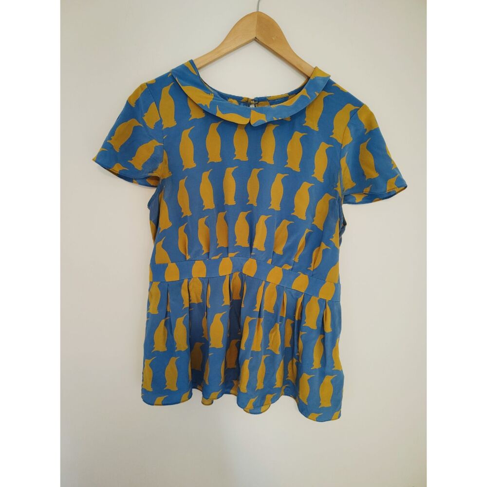 Anthropologie Charlotte Taylor Adelie Twee Penguin Print 100% Silk Blouse